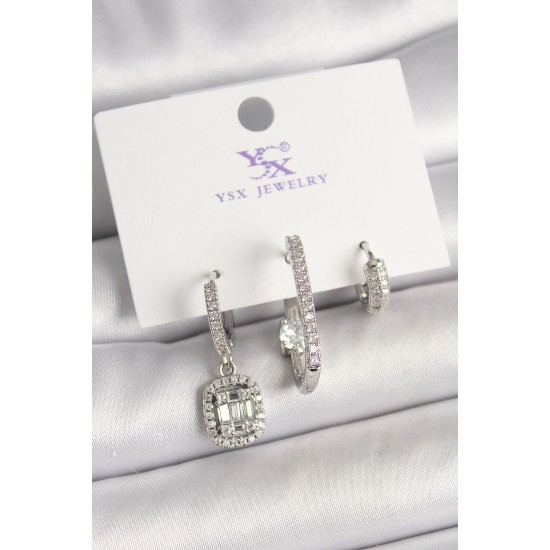 Pirinç Gümüş Renk Zirkon Taşlı Baget Halka Model 3'Lü Kadın Kombin Küpe - TJ-BKP10466