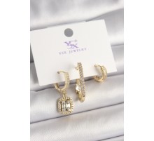Pirinç Gold Renk Zirkon Taşlı Baget Halka Model 3'Lü Kadın Kombin Küpe - TJ-BKP10467