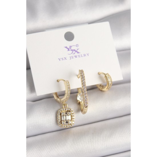 Pirinç Gold Renk Zirkon Taşlı Baget Halka Model 3'Lü Kadın Kombin Küpe - TJ-BKP10467