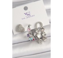 Pirinç Gümüş Renk Zirkon Taşlı Kalp Figür Renkli Taş Detay 3'Lü Kadın Kombin Küpe - TJ-BKP10468