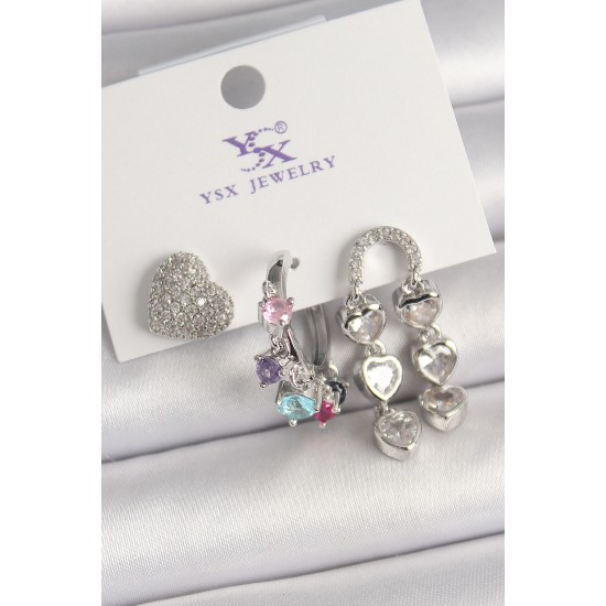 Pirinç Gümüş Renk Zirkon Taşlı Kalp Figür Renkli Taş Detay 3'Lü Kadın Kombin Küpe - TJ-BKP10468