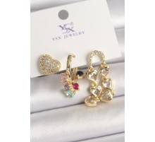 Pirinç Gold Renk Sallantı Zirkon Taşlı Kalp Model 3'Lü Kadın Kombin Küpe - TJ-BKP10469