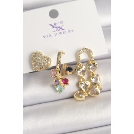 Pirinç Gold Renk Sallantı Zirkon Taşlı Kalp Model 3'Lü Kadın Kombin Küpe - TJ-BKP10469