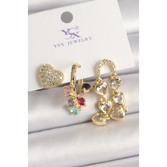 Pirinç Gold Renk Sallantı Zirkon Taşlı Kalp Model 3'Lü Kadın Kombin Küpe - TJ-BKP10469