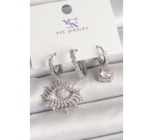 Pirinç Gümüş Renk Sallantı Zirkon Taşlı Göz Model 3'Lü Kadın Kombin Küpe - TJ-BKP10470