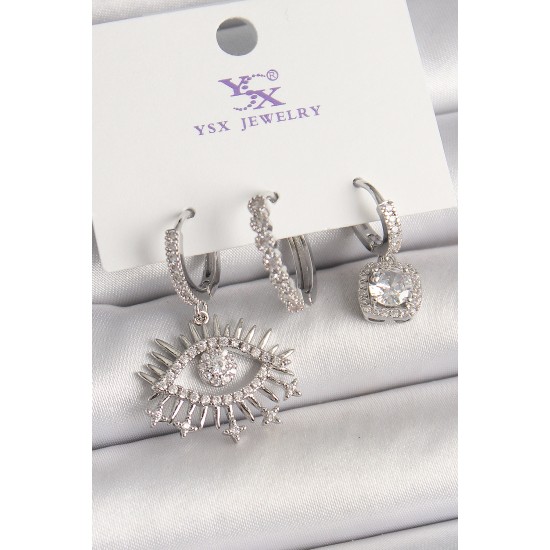 Pirinç Gümüş Renk Sallantı Zirkon Taşlı Göz Model 3'Lü Kadın Kombin Küpe - TJ-BKP10470