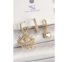 Pirinç Gold Renk Sallantı Zirkon Taşlı Göz Model 3'Lü Kadın Kombin Küpe - TJ-BKP10471