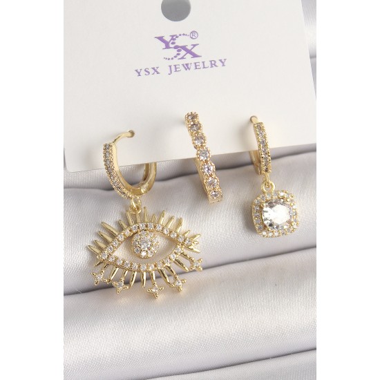 Pirinç Gold Renk Sallantı Zirkon Taşlı Göz Model 3'Lü Kadın Kombin Küpe - TJ-BKP10471