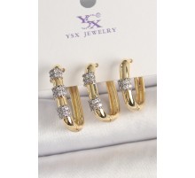 Pirinç Gold Renk 3'Lü Halka Model Gümüş Zirkon Taş Detaylı Kadın Kombin Küpe - TJ-BKP10472