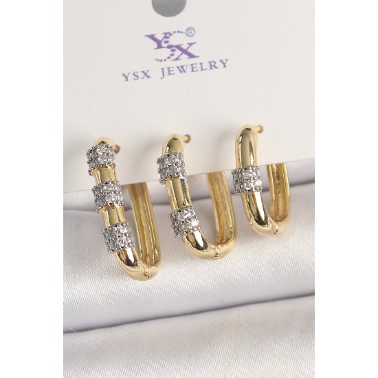 Pirinç Gold Renk 3'Lü Halka Model Gümüş Zirkon Taş Detaylı Kadın Kombin Küpe - TJ-BKP10472