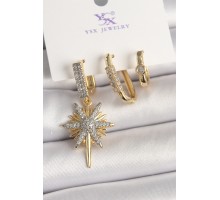 Pirinç Gold Renk Sallantı Zirkon Taşlı Kutup Yıldız Model 3'Lü Kadın Kombin Küpe - TJ-BKP10473