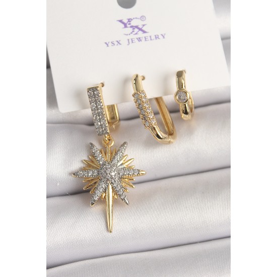 Pirinç Gold Renk Sallantı Zirkon Taşlı Kutup Yıldız Model 3'Lü Kadın Kombin Küpe - TJ-BKP10473