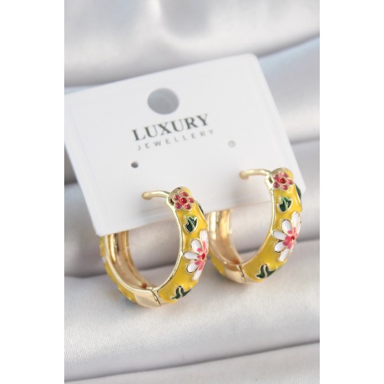 Pirinç Gold Renk Halka Model Çiçek Mineli Kadın Küpe - TJ-BKP10475