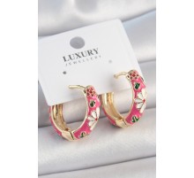 Pirinç Gold Renk Halka Model Pembe Çiçek İşlemeli Kadın Küpe - TJ-BKP10476