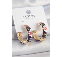 Pirinç Gold Renk Halka Model Mor Çiçek Mineli Kadın Küpe - TJ-BKP10477