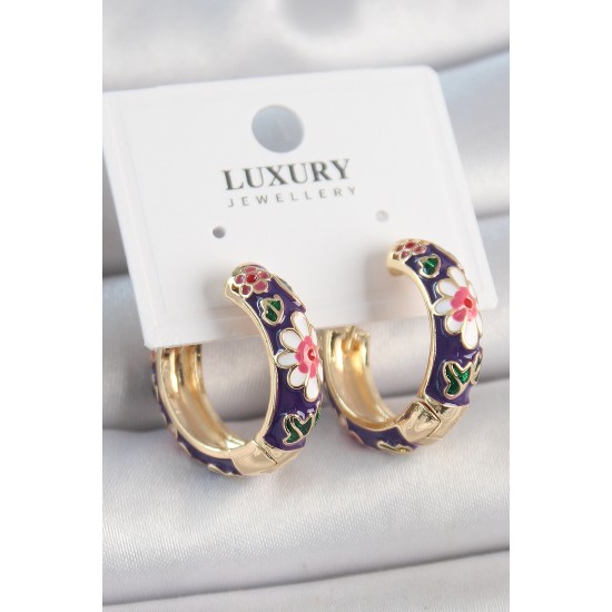 Pirinç Gold Renk Halka Model Mor Çiçek Mineli Kadın Küpe - TJ-BKP10477