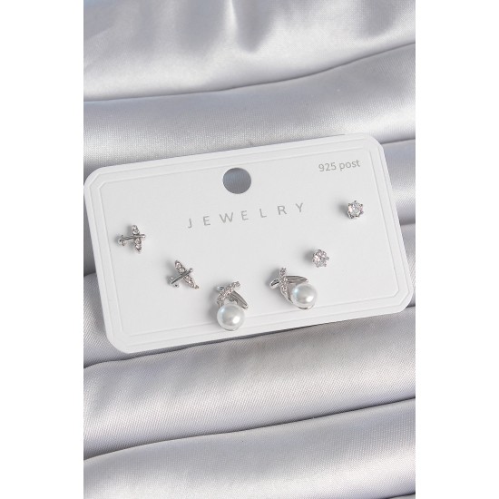 Pirinç Gümüş Renk Zirkon Taşlı Kelebek Model İnci Detay 925 Ayar Gümüş Çivi Kadın Küpe Seti - TJ-BKP10479