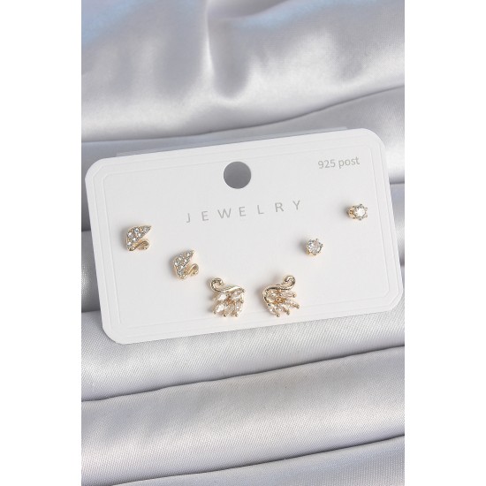 Pirinç Gold Renk Zirkon Taşlı Kuğu Model 925 Ayar Gümüş Çivi Kadın Küpe Seti - TJ-BKP10480