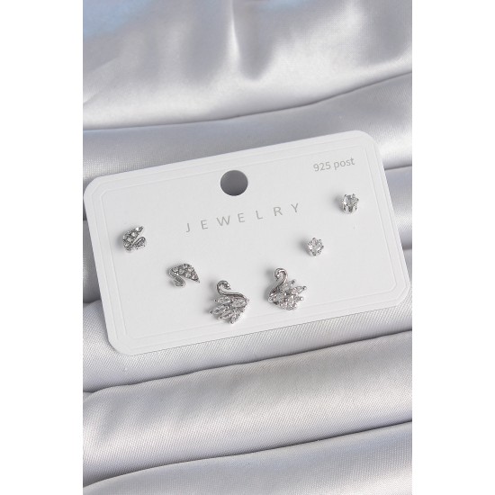 Pirinç Gümüş Renk Zirkon Taşlı Kuğu Model 925 Ayar Gümüş Çivi Kadın Küpe Seti - TJ-BKP10481