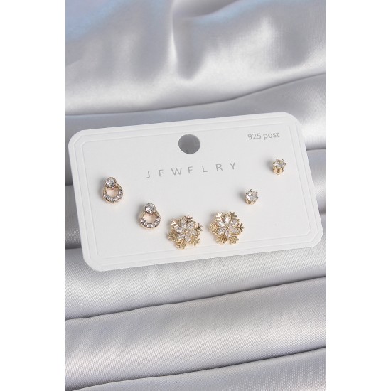 Pirinç Gold Renk Zirkon Taşlı Kar Tanesi Model 925 Ayar Gümüş Çivi Kadın Küpe Seti - TJ-BKP10482