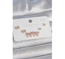 Pirinç Gold Renk Pembe Zirkon Taşlı Fiyonk Model İnci Detay 925 Ayar Gümüş Çivi Kadın Küpe Seti - TJ-BKP10484