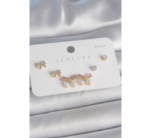Pirinç Gold Renk Pembe Zirkon Taşlı Fiyonk Model İnci Detay 925 Ayar Gümüş Çivi Kadın Küpe Seti - TJ-BKP10484