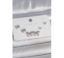 Pirinç Gümüş Renk Pembe Zirkon Taşlı Kurdele Model İnci Detay 925 Ayar Gümüş Çivi Kadın Küpe Seti - TJ-BKP10485