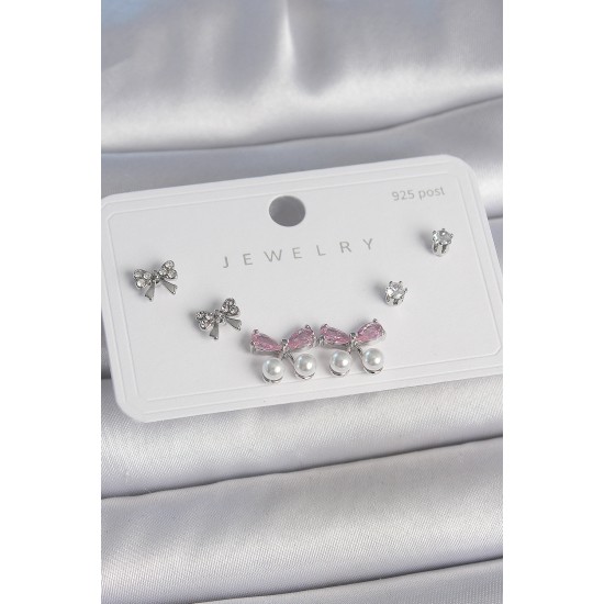 Pirinç Gümüş Renk Pembe Zirkon Taşlı Kurdele Model İnci Detay 925 Ayar Gümüş Çivi Kadın Küpe Seti - TJ-BKP10485