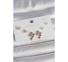 Pirinç Gold Renk Renkli Zirkon Taşlı Çiçek Model Yaprak Detay 925 Ayar Gümüş Çivi Kadın Küpe Seti - TJ-BKP10486