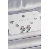 Pirinç Gümüş Renk Renkli Zirkon Taşlı Çiçek Model Yaprak Detay 925 Ayar Gümüş Çivi Kadın Küpe Seti TJ-BKP10487