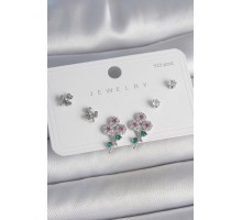 Pirinç Gümüş Renk Renkli Zirkon Taşlı Çiçek Model Yaprak Detay 925 Ayar Gümüş Çivi Kadın Küpe Seti - TJ-BKP10487
