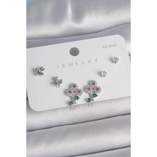 Pirinç Gümüş Renk Renkli Zirkon Taşlı Çiçek Model Yaprak Detay 925 Ayar Gümüş Çivi Kadın Küpe Seti - TJ-BKP10487