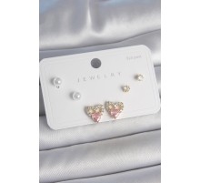 Pirinç Gold Renk Pembe Zirkon Taşlı Kalp Model İnci Detay 925 Ayar Kadın Küpe Seti - TJ-BKP10488