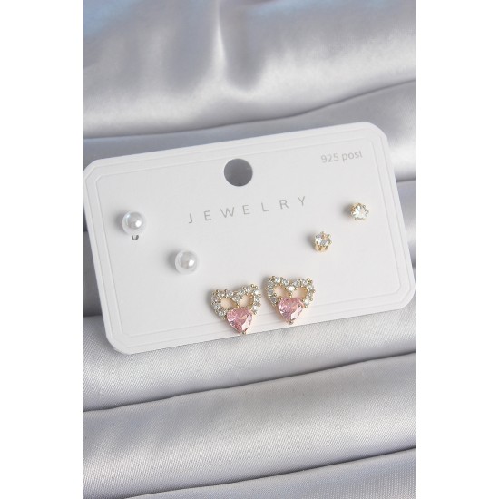 Pirinç Gold Renk Pembe Zirkon Taşlı Kalp Model İnci Detay 925 Ayar Kadın Küpe Seti - TJ-BKP10488