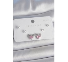 Pirinç Gümüş Renk Pembe Zirkon Taşlı Kalp Model İnci Detay 925 Ayar Gümüş Çivi Kadın Küpe Seti - TJ-BKP10489
