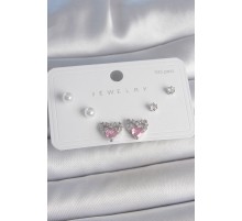 Pirinç Gümüş Renk Pembe Zirkon Taşlı Kalp Model İnci Detay 925 Ayar Gümüş Çivi Kadın Küpe Seti - TJ-BKP10489
