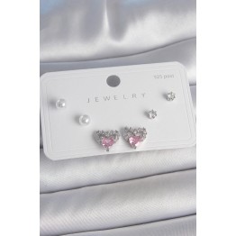 Pirinç Gümüş Renk Pembe Zirkon Taşlı Kalp Model İnci Detay 925 Ayar Gümüş Çivi Kadın Küpe Seti TJ-BKP10489