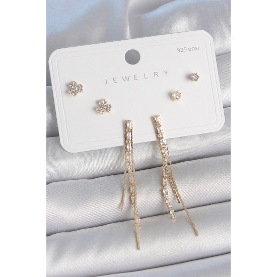 Pirinç Gold Renk Su Yolu Zirkon Taşlı Sallantı Model Çiçek Detay 925 Ayar Gümüş Çivi Kadın Küpe Seti - TJ-BKP10490