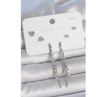 Pirinç Gümüş Renk Su Yolu Zirkon Taşlı Sallantı Model Çiçek Detay 925 Ayar Gümüş Çivi Kadın Küpe Seti - TJ-BKP10491