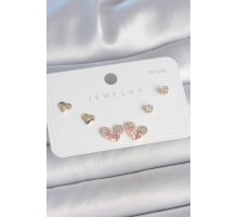 Pirinç Gold Renk Pembe Zirkon Taşlı Kalp Model 925 Ayar Gümüş Çivi Kadın Küpe Seti - TJ-BKP10492