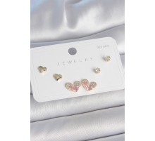 Pirinç Gold Renk Pembe Zirkon Taşlı Kalp Model 925 Ayar Gümüş Çivi Kadın Küpe Seti - TJ-BKP10492