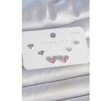 Pirinç Gümüş Renk Pembe Zirkon Taşlı Kalp Model 925 Ayar Gümüş Çivi Kadın Küpe Seti - TJ-BKP10493