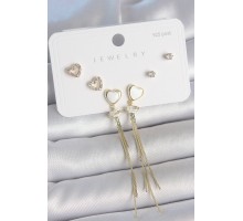 Pirinç Gold Renk Beyaz Mineli Sallantı Mineli Kalp Model Zirkon Taş Detaylı 925 Ayar Gümüş Çivi Kadın Küpe Seti - TJ-BKP10494