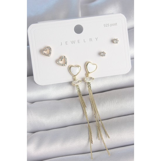 Pirinç Gold Renk Beyaz Mineli Sallantı Mineli Kalp Model Zirkon Taş Detaylı 925 Ayar Gümüş Çivi Kadın Küpe Seti - TJ-BKP10494
