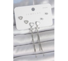 Pirinç Gümüş Sallantı Beyaz Mineli Kalp Model Zirkon Taşlı Kalp Detay 925 Ayar Gümüş Çivi Kadın Küpe Seti - TJ-BKP10495