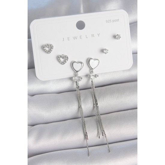 Pirinç Gümüş Sallantı Beyaz Mineli Kalp Model Zirkon Taşlı Kalp Detay 925 Ayar Gümüş Çivi Kadın Küpe Seti - TJ-BKP10495