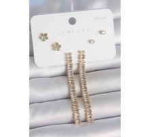 Pirinç Gold Renk Su Yolu Zirkon Taşlı Sallantı Model Çiçek Detay 925 Ayar Gümüş Çivi Kadın Küpe Seti - TJ-BKP10496