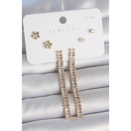 Pirinç Gold Renk Su Yolu Zirkon Taşlı Sallantı Model Çiçek Detay 925 Ayar Gümüş Çivi Kadın Küpe Seti - TJ-BKP10496