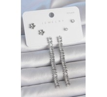 Pirinç Gümüş Renk Zirkon Taşlı Su Yolu Model Çiçek Detay 925 Ayar Gümüş Çivi Kadın Küpe Seti - TJ-BKP10497