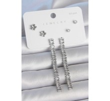 Pirinç Gümüş Renk Zirkon Taşlı Su Yolu Model Çiçek Detay 925 Ayar Gümüş Çivi Kadın Küpe Seti - TJ-BKP10497